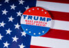 Campaign button with Trump, Make America Great Again.