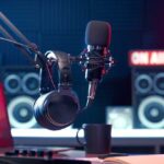 Close-up of a microphone and headphones in a podcast studio