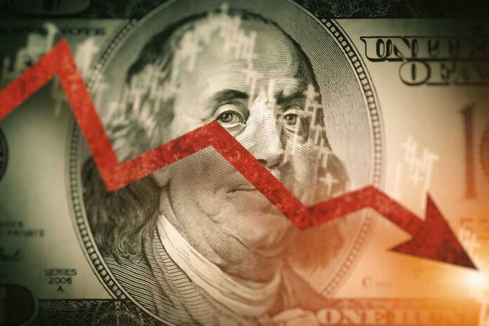 Red downward arrow over Benjamin Franklin on US dollar.