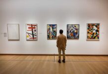 A person standing in an art gallery, observing various modern art pieces on the wall