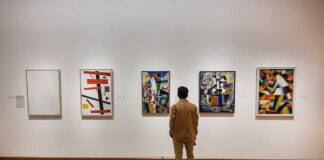 A person standing in an art gallery, observing various modern art pieces on the wall