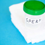 Container labeled 'SPERM' on a white towel against a blue background