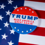 Campaign button with Trump, Make America Great Again.