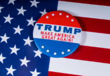 Power Grab Pits Trump Against States Campaign button with Trump, Make America Great Again.