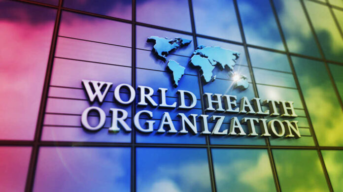 World Health Organization logo on a colorful glass building