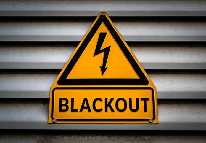 Yellow blackout warning sign with lightning bolt symbol
