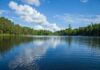 A tranquil lake surrounded by trees under a blue sky with fluffy clouds