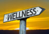 A directional sign pointing towards 'WELLNESS' against a sunset background
