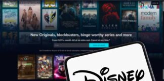 Disney logo displayed on a mobile device with a streaming service interface in the background