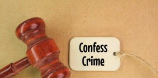 A wooden gavel next to a tag that reads 'Confess Crime'