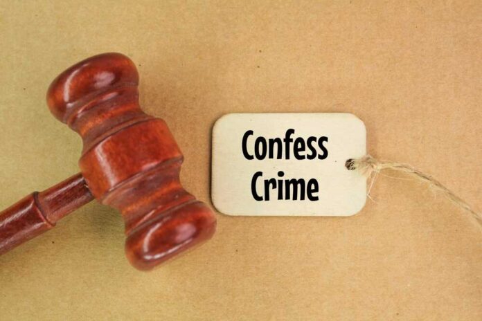 A wooden gavel next to a tag that reads 'Confess Crime'
