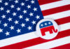 American flag and Republican Party elephant logo button.