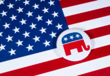 Rebel Republicans Defy Leader in Shock Vote American flag and Republican Party elephant logo button.