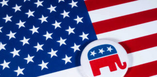 American flag and Republican Party elephant logo button.
