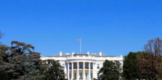 The White House with flags and trees.
