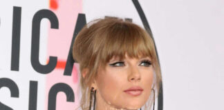 Taylor Swift in reflective outfit.