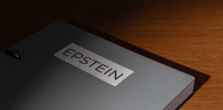 Close-up of a metallic binder labeled 'EPSTEIN'