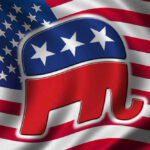 Republican Party elephant logo on American flag background.