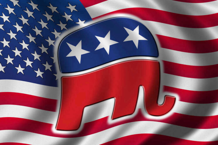 Republican Party elephant logo on American flag background.