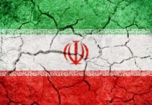 Cracked texture of the Iranian flag with green, white, and red colors