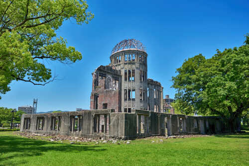 The Hiroshima Peace Memorial, a historic ruin surrounded by greenery