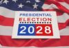 Sign for the 2028 presidential election on an American flag background