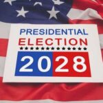 Sign for the 2028 presidential election on an American flag background