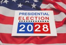 Sign for the 2028 presidential election on an American flag background