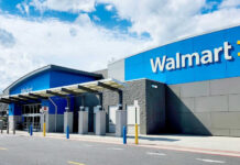 Walmart store entrance with blue skies above
