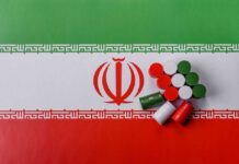 Colorful caps arranged on the Iranian flag