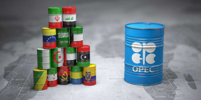 A stack of colorful oil barrels representing different countries next to an OPEC barrel