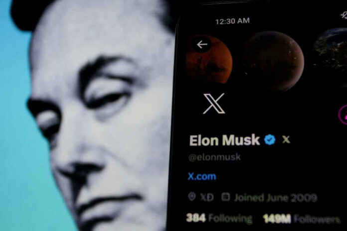 Elon Musks profile on mobile screen, blurred background face.
