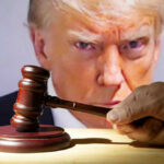 Judge to Trump: Not Your House! Gavel in front of Donald Trumps face on screen.