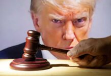 Gavel in front of Donald Trumps face on screen.