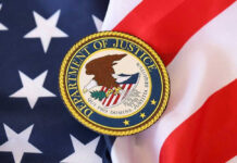 Department of Justice seal on American flag.