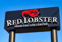 Red Lobster restaurant sign with red lobster logo.