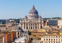 St. Peter's Basilica in Rome with a clear blue sky