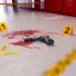 VIDEO: Hospital Turned Into Deadly Crime Scene Handgun on a blood-stained floor with evidence markers in a locker room