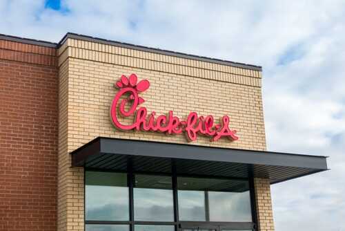 Chanhassen,,Mn,,Usa,-,January,2,,2024:,Chick-fil-a,Restaurant,Exterior Chick-fil-A restaurant sign on a brick building