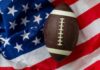 Lightning NFL Back, Now Eyes Speak An American football resting on a background of the American flag
