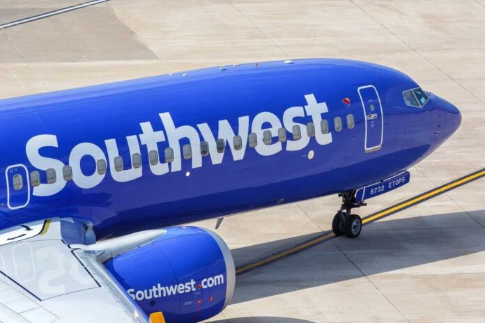 Southwest blue passenger airplane taxiing on airport tarmac