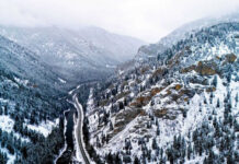 Desolation Wilderness Swallows Hiker Snowy valley with road winding through frozen forest