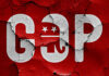 Chainsaw Populist Targets GOP Senator Cracked GOP logo on a red background.