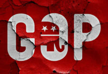 Chainsaw Populist Targets GOP Senator Cracked GOP logo on a red background.