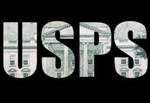 The letters 'USPS' filled with a pattern resembling a building on a black background