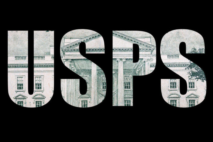 Usps,,United,States,Postal,Service,And,Money The letters 'USPS' filled with a pattern resembling a building on a black background