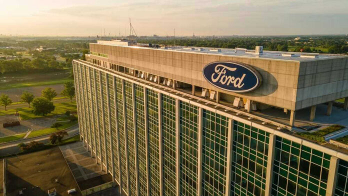 shutterstock_2167782495 Ford headquarters building aerial view.