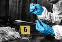 Forensic investigator collecting a blood sample at a crime scene