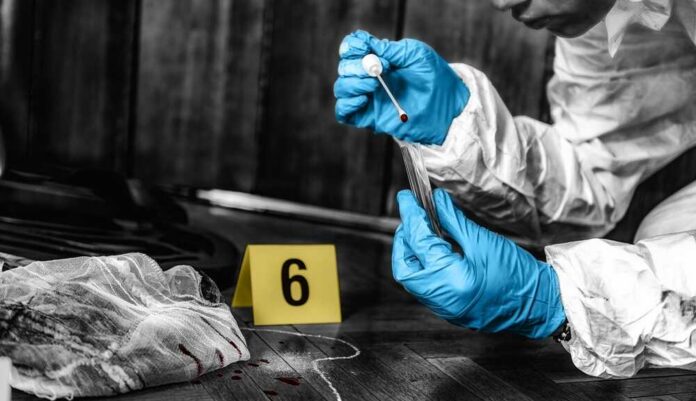 Forensic,Investigator,Collecting,Blood,Evidence,From,A,Crime,Scene Forensic investigator collecting a blood sample at a crime scene