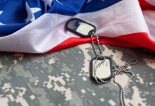 American Blood Spilled, Immediate Payback Military dog tags on camouflage fabric with an American flag